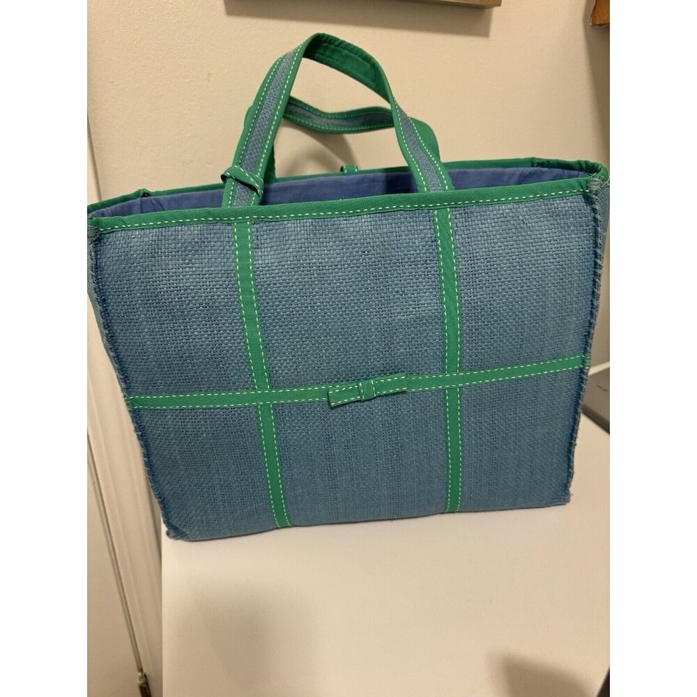Lauren Ralph Lauren women Straw handbag Blue/Green+ Pouch Excellent